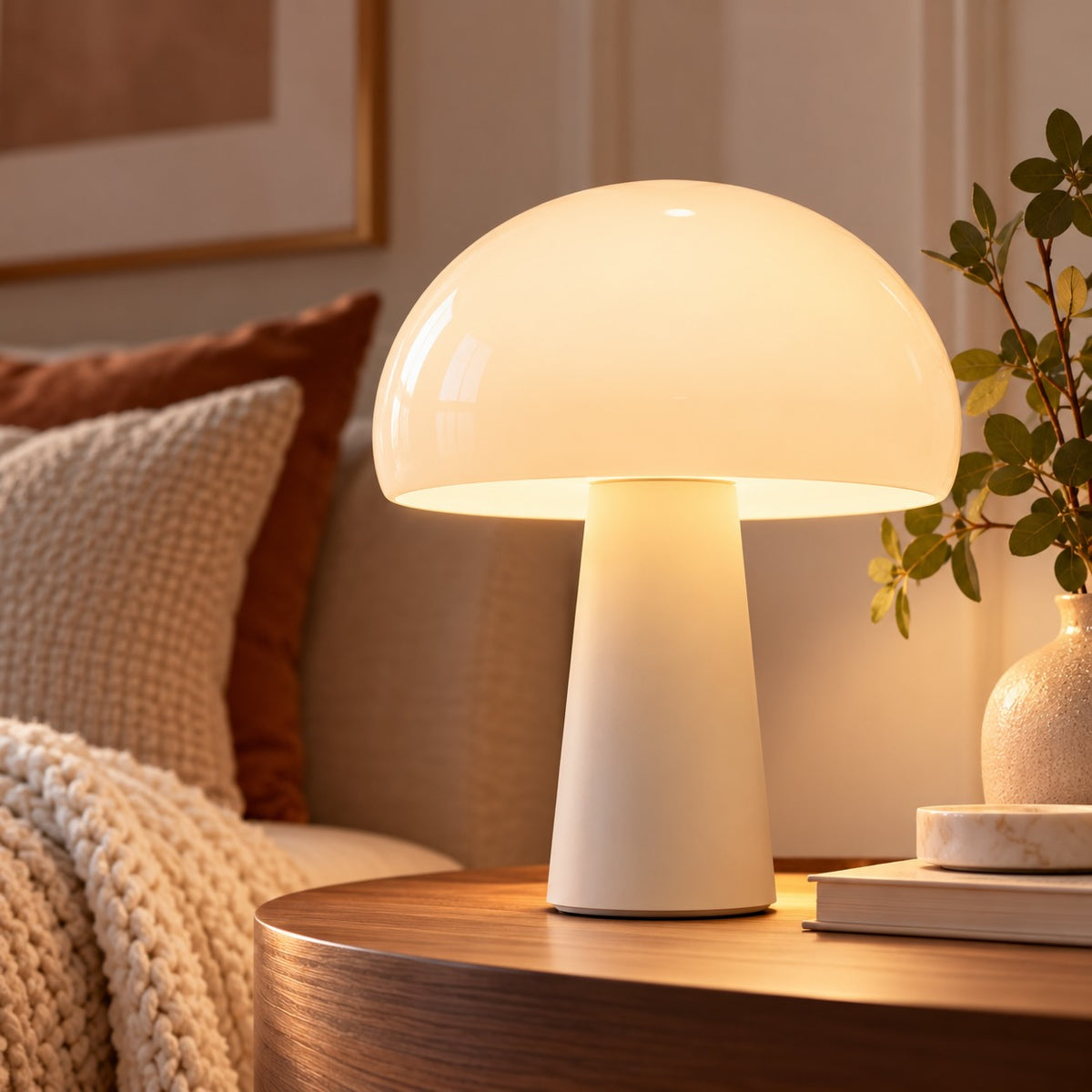 Bell LED dimmable table lamp providing warm ambient lighting on a modern bedside table