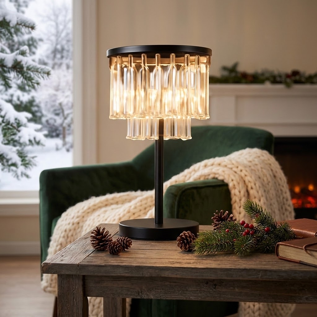 3-Light Crystal Table Lamp – Elegant Black Bedside Accent Lamp