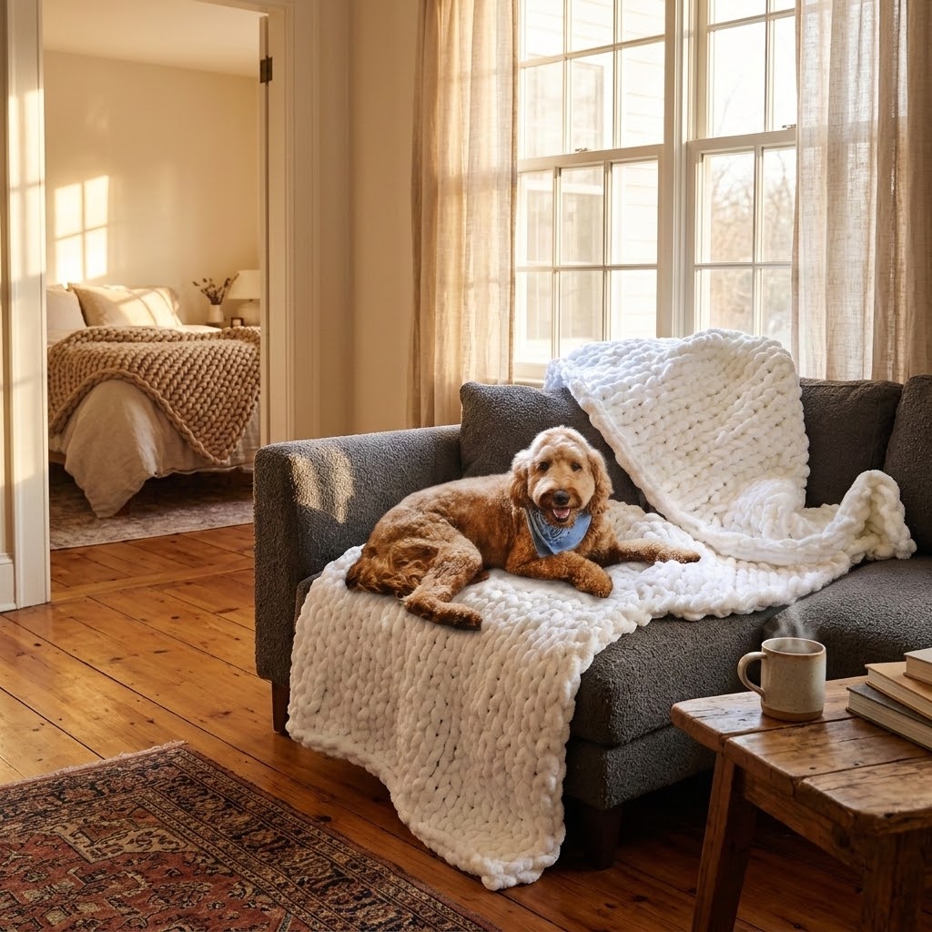 White Chunky Knit Chenille Blanket – Handmade Cozy Throw