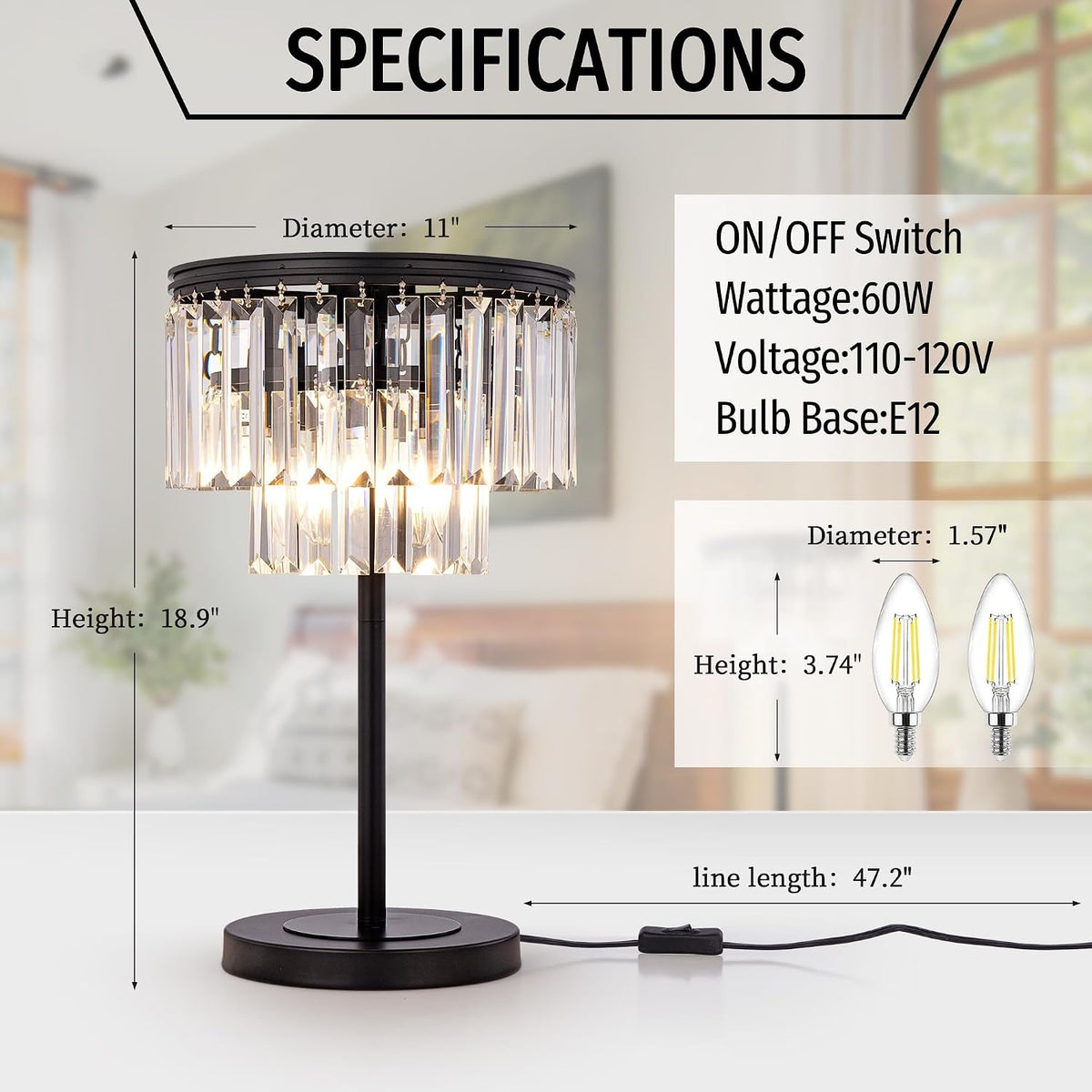 3-Light Crystal Table Lamp – Elegant Black Bedside Accent Lamp