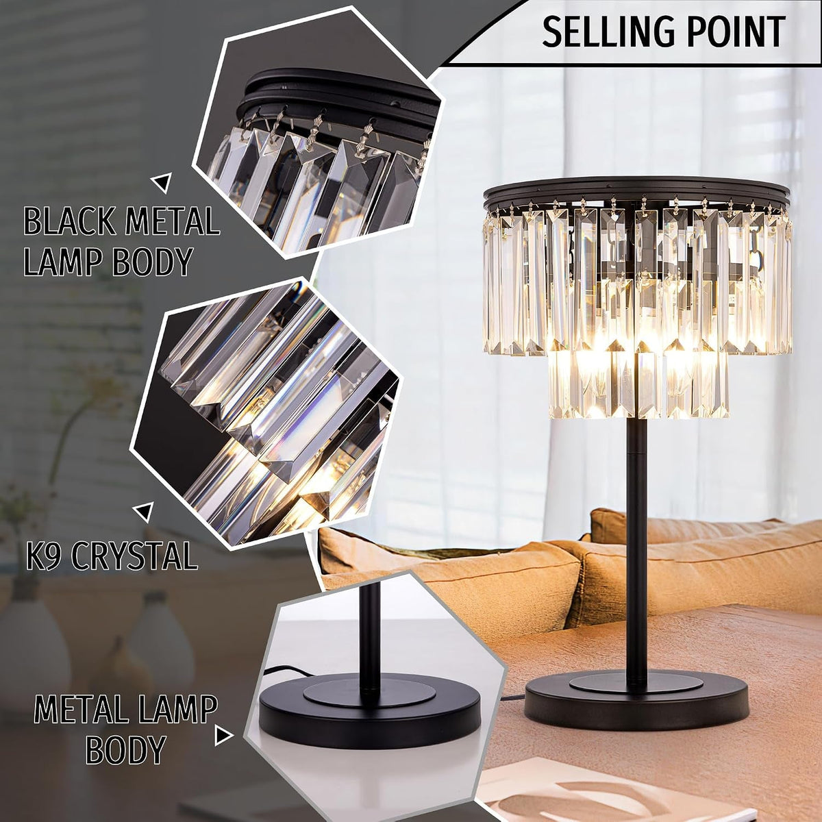 3-Light Crystal Table Lamp – Elegant Black Bedside Accent Lamp