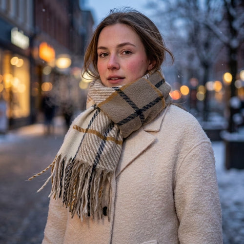 Beige Plaid Scarf for Women – Soft & Cozy Winter Wrap