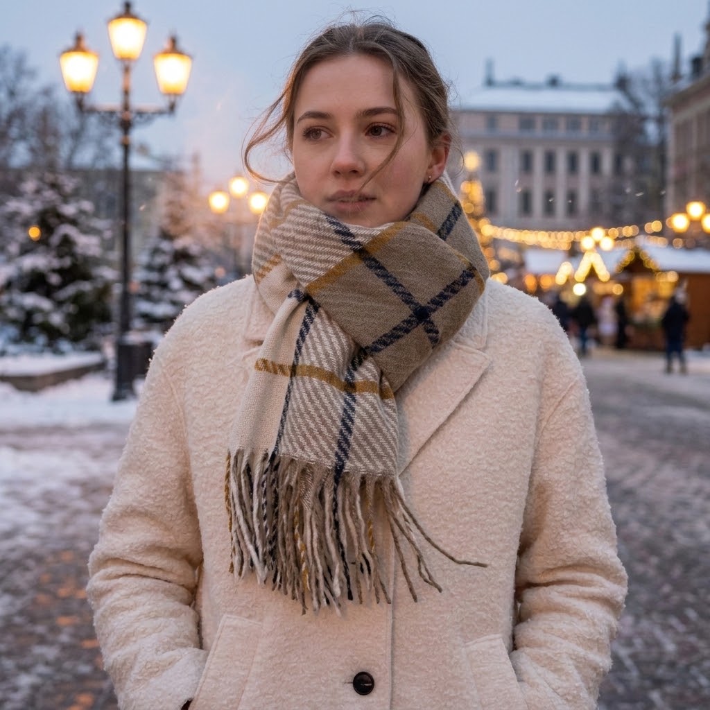 Beige Plaid Scarf for Women – Soft & Cozy Winter Wrap