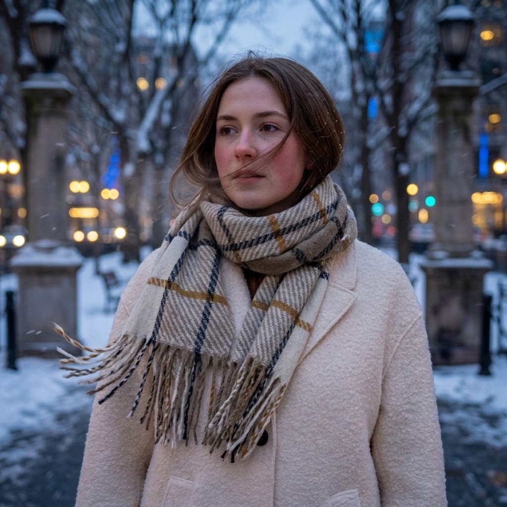 Beige Plaid Scarf for Women – Soft & Cozy Winter Wrap