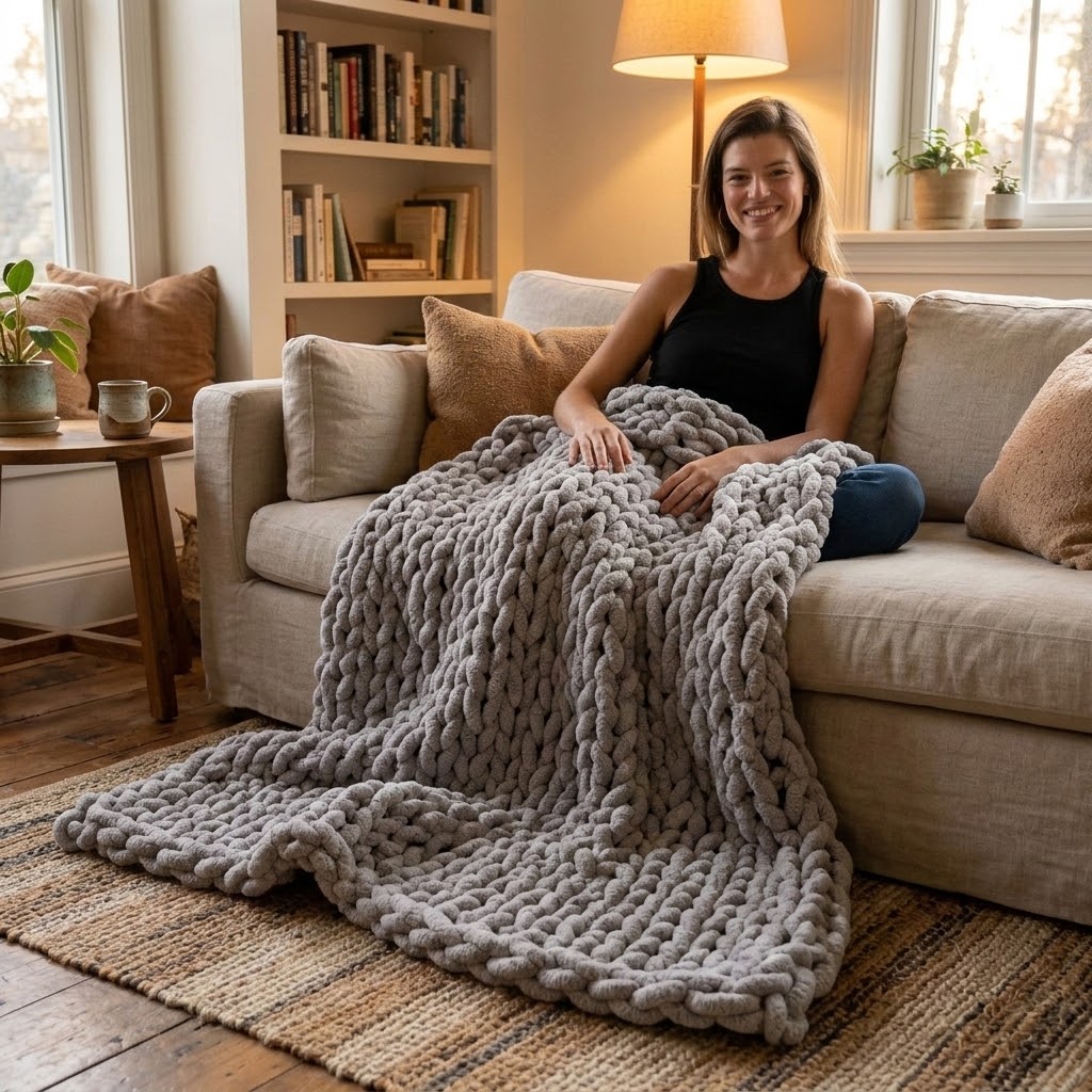 Infinite Chunky Knit Blanket – Minky Chenille Cozy Throw in Mist | 43" x 70"